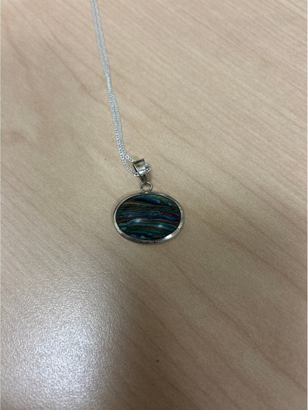 Sterling Silver Rainbow Calsilica Oval Pendant Necklace